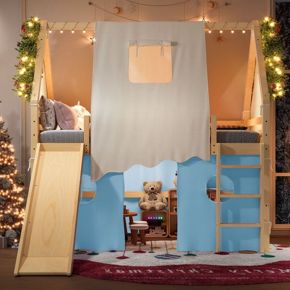 LOOM Full Size House Loft Bed with Sills and Tents,Solid Wood Loft Bed with Ladders and Slide,Chic Design with Lights,No Box Spring Needed,Natural+Blue