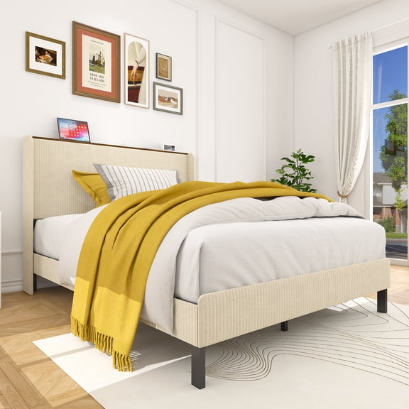 LOOM Full Size Platform Bed,Metal Bed Frame with Charging Station,No Box Spring Needed,(Beige),Noise Free,Easy Assemble.