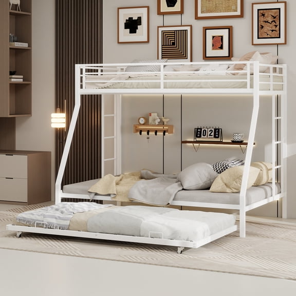 LOOM High-Stability Square Tube Bunk Bed,Featuring Ladder & Rolling Trundle,Modern Minimalist Look,Strong Load-Bearing for Home,Dormitory & Guest Room Needs-Full Size-137cm x 190cm-White