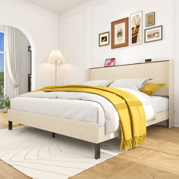 LOOM King Size Platform Bed,Metal Bed Frame with Charging Station,No Box Spring Needed,(Beige),Noise Free,Easy Assemble.