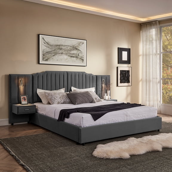 LOOM King Size Upholstered Bed Frame with Velvet Fabric,Vertical Stripe Design with Buttons Around King Size Platform Bed with Headboard,Solid Frame & Bedside Table-No Box Spring Needed-Gray