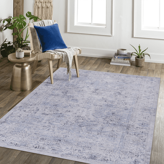 LOOM & LUXE 5x8 Area Rugs for Washable Rug, Low-Pile, Non-Slip, Non-Shedding, Foldable, Kid & Pet Friendly - Area Rugs for living room, bedroom, kitchen (Blue/Cream, 5' x 8')