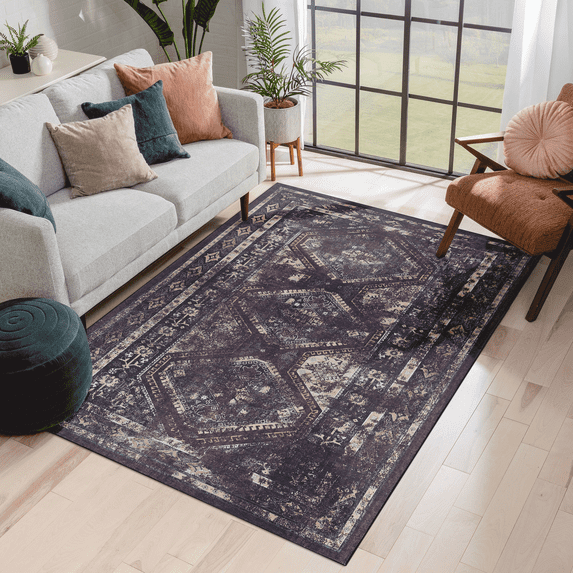 LOOM & LUXE 8x10 Area Rugs, Washable Rug, Low-Pile, Non-Slip, Non-Shedding, Foldable, Kid&Pet Friendly - Area Rugs for living room, bedroom, kitchen (Burgundy/Black, 8'x10')