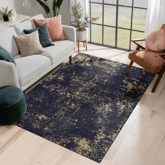 LOOM & LUXE 8x10 Area Rugs for Washable Rug, Low-Pile, Non-Slip, Non-Shedding, Foldable, & Pet Friendly - Area Rugs for living room, bedroom, kitchen (Black/Gold, 8' x 10')