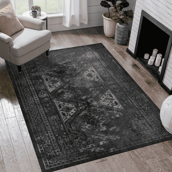LOOM & LUXE Area Rugs 8x10 for Living Room, Washable Rug, Low-Pile, Non-Slip, Non-Shedding, Foldable, Kid & Pet Friendly - Area Rugs for living room, bedroom, kitchen (Black/Gray, 8' x 10')