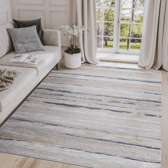 LOOM & LUXE Collection 8X10 Ivory/Blue /Striped Non-Shedding Living Room Bedroom Dining Home Office Stylish and Stain Resistant Area Rug