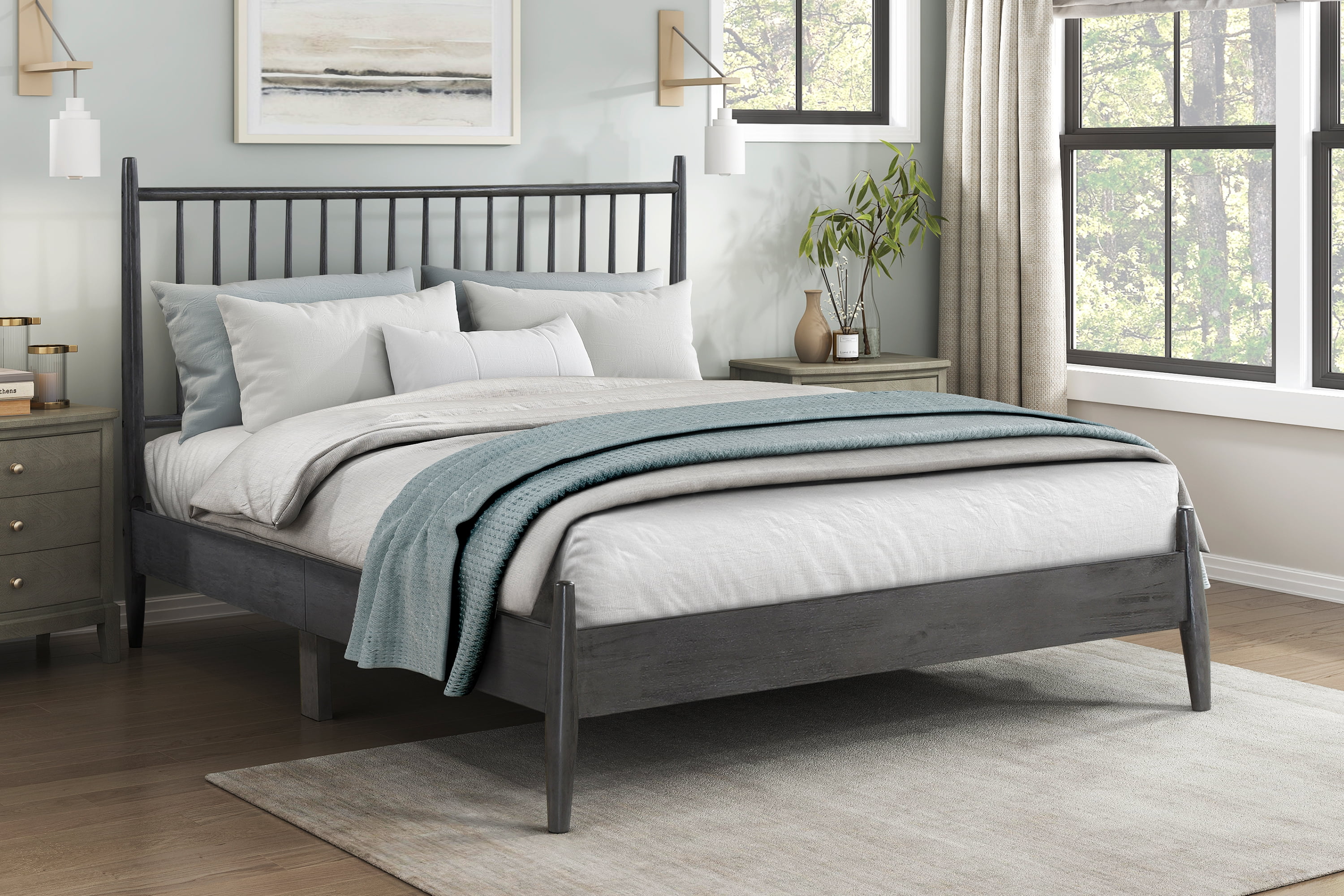 LOOM Mid-Century Modern Design Queen Platform Bed 1pc Gray Finish ...