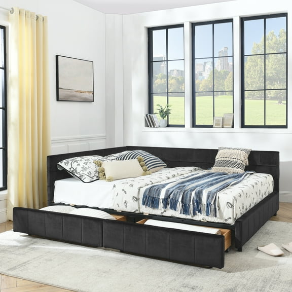LOOM Queen Size Storage Upholstered Tufted Bed Frame,Sofa Bed Frame with Comfortable Backrest and Armrests,Queen Size Bed for Bedroom,Living Room,Velvet,BLACK(85.5''*64.5''*29.5'')