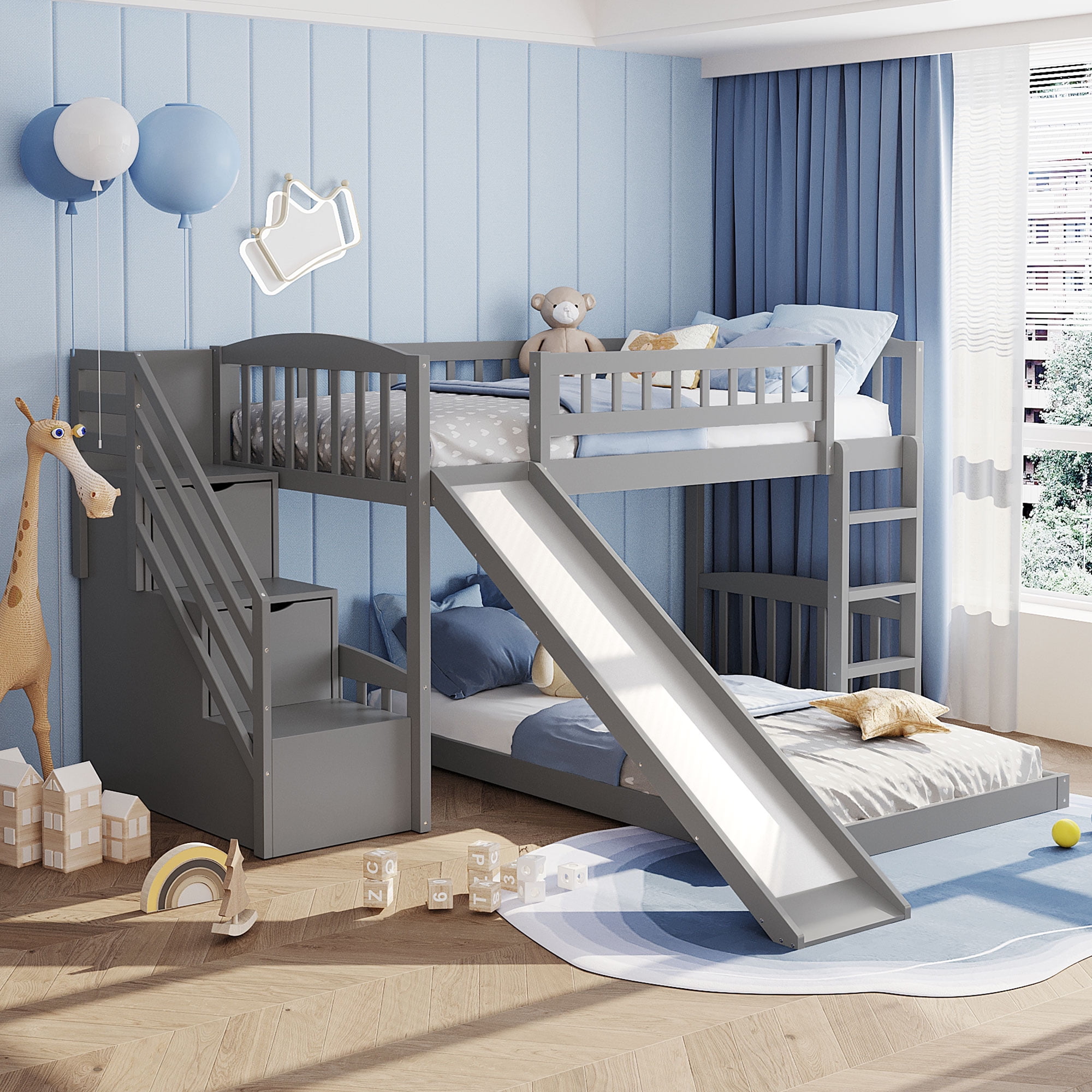 LOOM Stairway Twin over Twin Bunk Bed with Two Drawers and Slide,Gray ...