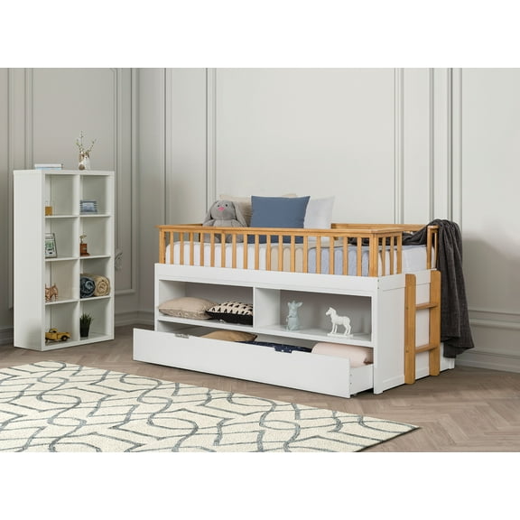 LOOM Twin Captain Bed With Trundle Transitional Style Open Shelves Attached Side Ladder White And Light Oak Finish