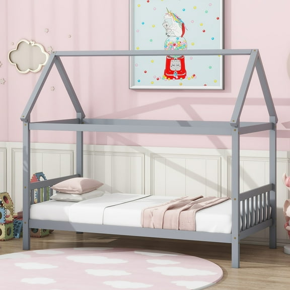LOOM Twin House Bed with Headboard and Footboard,Twin Rubber Wood Bed with House Frame,Light Grey
