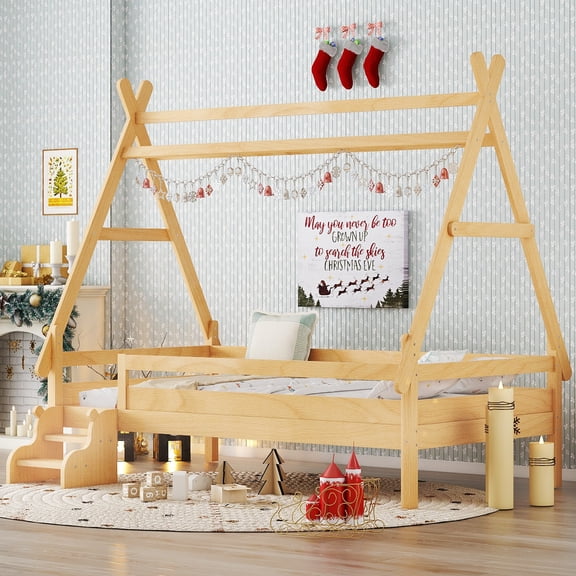 LOOM Twin House Platform Bed with Stairs,Solid Wood Twin Bed Frame,Low Profile and Childlike Fun Design.Natural