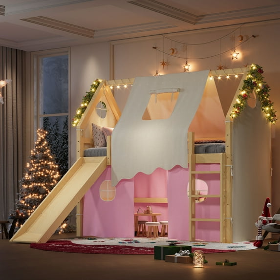 LOOM Twin Size House Loft Bed with Sills and Tents,Solid Wood Loft Bed with Ladders and Slide,Chic Design with Lights,No Box Spring Needed,Natural+Pink