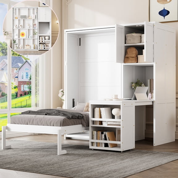 LOOM Twin Size Rotating Wall Murphy Beds with Bookshelf,Top Cabinet,Extendable Desk & Side Storage,White