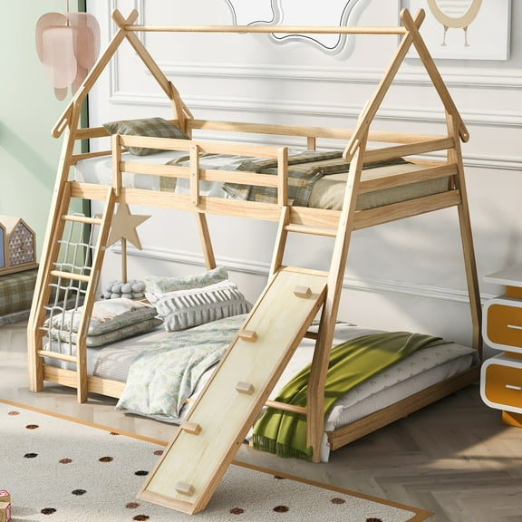 LOOM Twin over Queen House Bunk Bed with Climbing Nets and Climbing Ramp,Natural