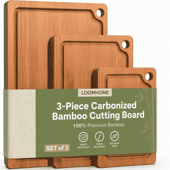 LOOMHOME Bamboo Cutting Board (Set of 3), Wood Cutting Boards for Kitchen with Deep Juice Grooves & Built-in Handles, Reversible Charcuterie & Chopping Boards,Knife-Friendly, Kitchen Gift