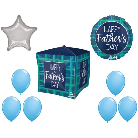 LOONBALLON Father's Day Theme Balloon Set, 15 Inch Cube Happy Father's Day Checks Balloon, Standard Happy Father's Day Checks Balloon, Star Foil
