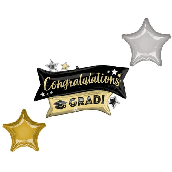 LOONBALLOON Graduation Grad Theme Balloon Set, 38 Inch Congratulations Grad Gold & Black Balloon, Star Foil