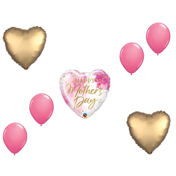 LOONBALLOON Mother's Day Theme Balloon Set, Standard Size Heart Shape Mother's Day Pink Watercolor Balloon and 4x Latex Balloons