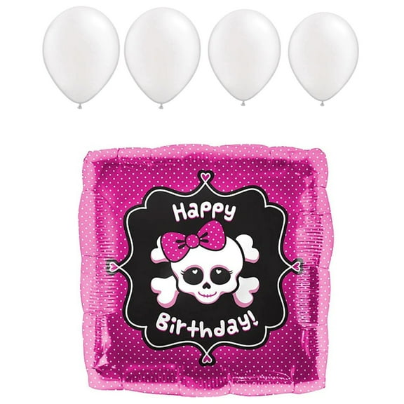 LOONBALLOON Pirates Balloons, 18 inch HAPPY BIRTHDAY GIRLY SKULL, 4 Pearl White Latex Set