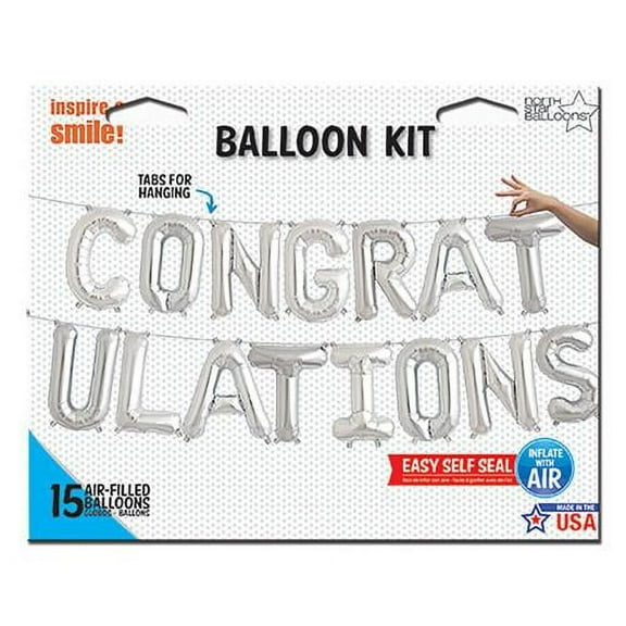 LOONBALLOON Sentiments Balloons, 16″ CONGRATULATIONS KIT - SILVER (AIRFILL ONLY)