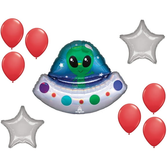 LOONBALLOON Space, Alien, Rocket Theme Balloon Set, 28 Inch Alien Space Ship Holographic Balloon, Star Foil and 6x latex balllons