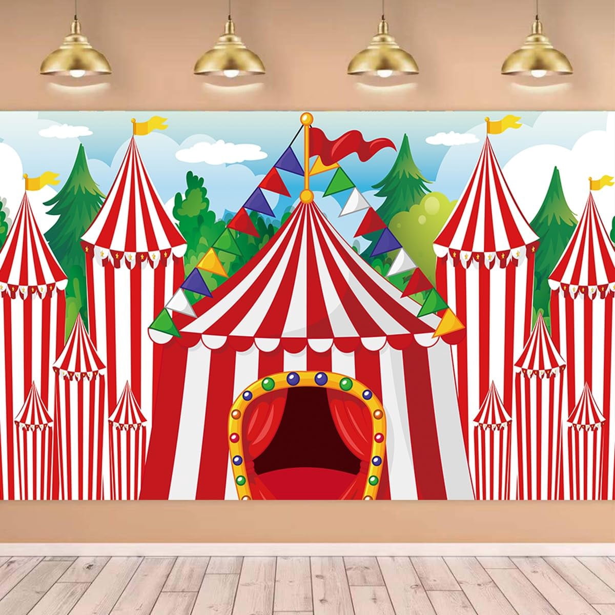 Circus Carnival Backdrop 6x3.6 Ft - Party Decor With Carousel, Animals, Clown, Includes Hanging Ribbon