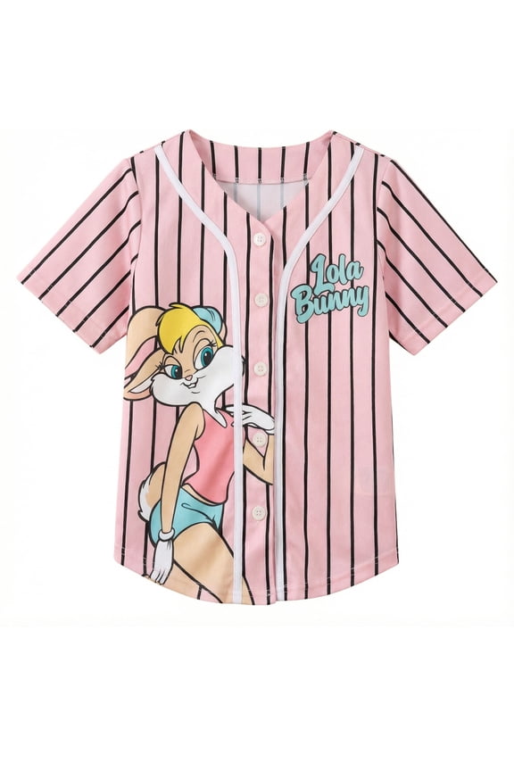 Lola Bunny Girls Baseball Jersey, Short Sleeve Button-Up Graphic Shirt- Little and Big Girl Sizes