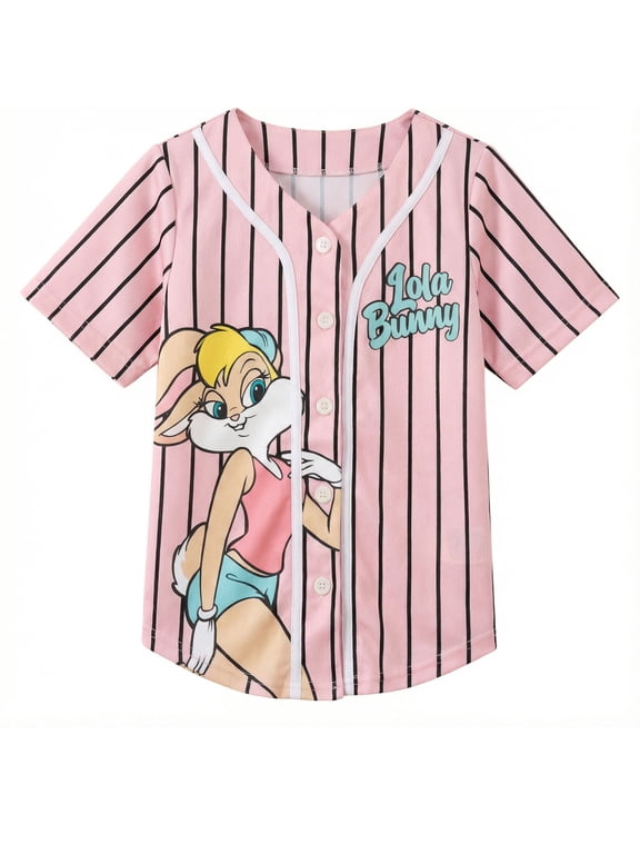 Lola Bunny Girls Baseball Jersey, Short Sleeve Button-Up Graphic Shirt- Little and Big Girl Sizes