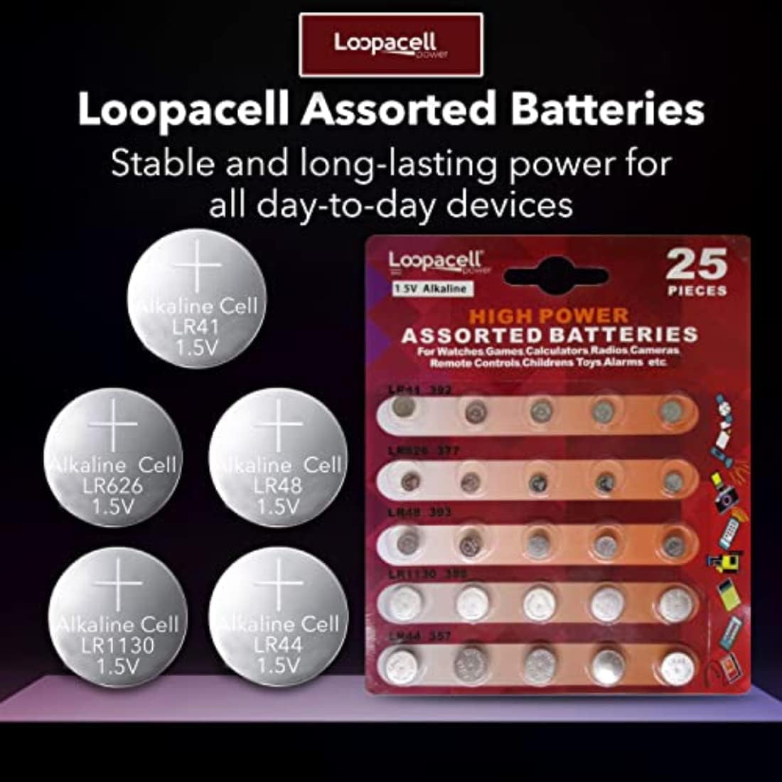 LOOPACELL High Power Button Cell 1.5V Alkaline Assorted Battery LR41 LR626 LR754 LR1130 LR44 AG3 AG4 AG5 AG10 AG13 Pack of 25 - Long Lasting Coin Cell Battery for Watches, Calculators, Camera & More