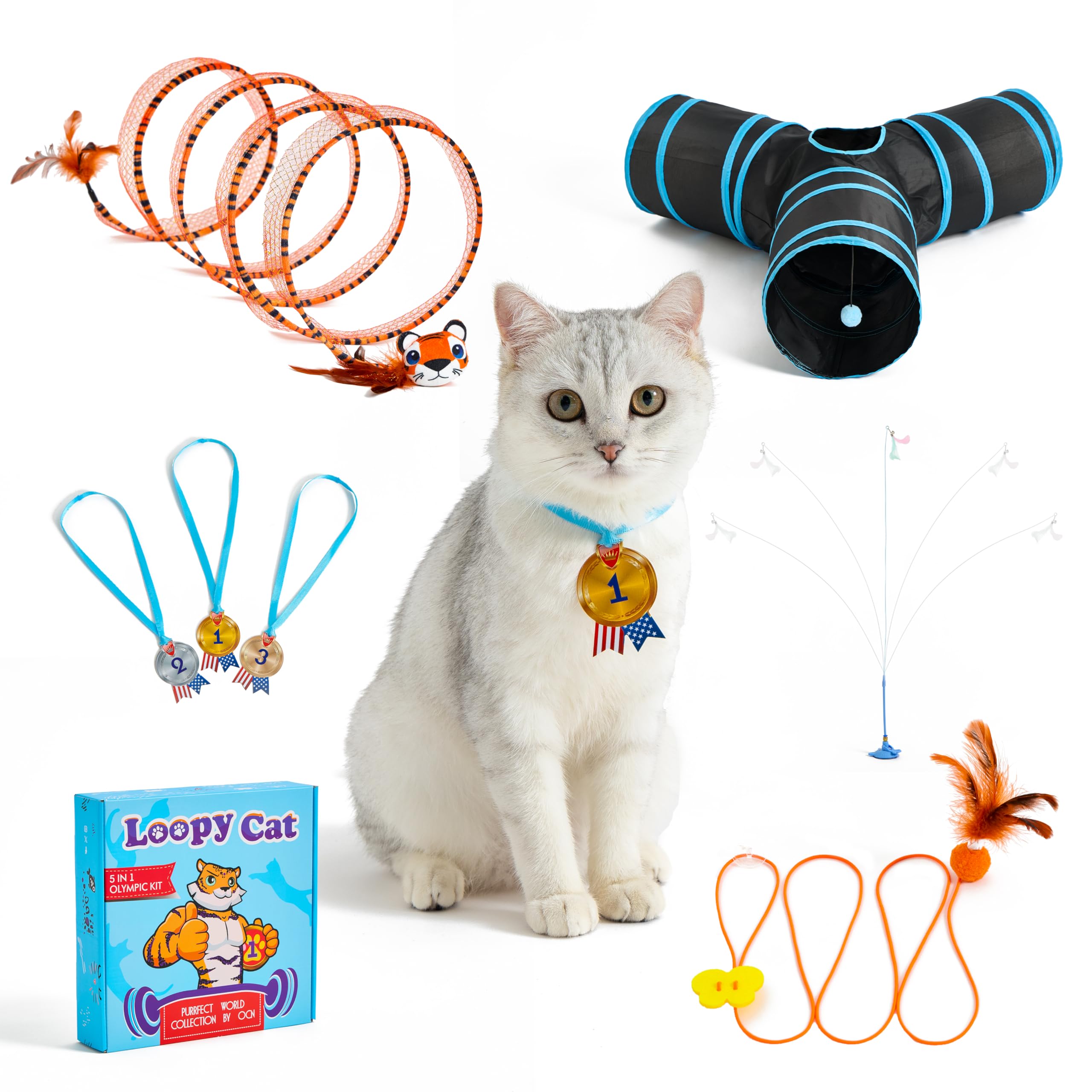 LOOPY CAT Olympic kit 5 Toys in 1 Box Interactive Cat Toy Set - Tunnel, Wand, Suction Wand, Hanging Toy, Spiral Spring Fun Kit for Indoor Cats & Kittens C97