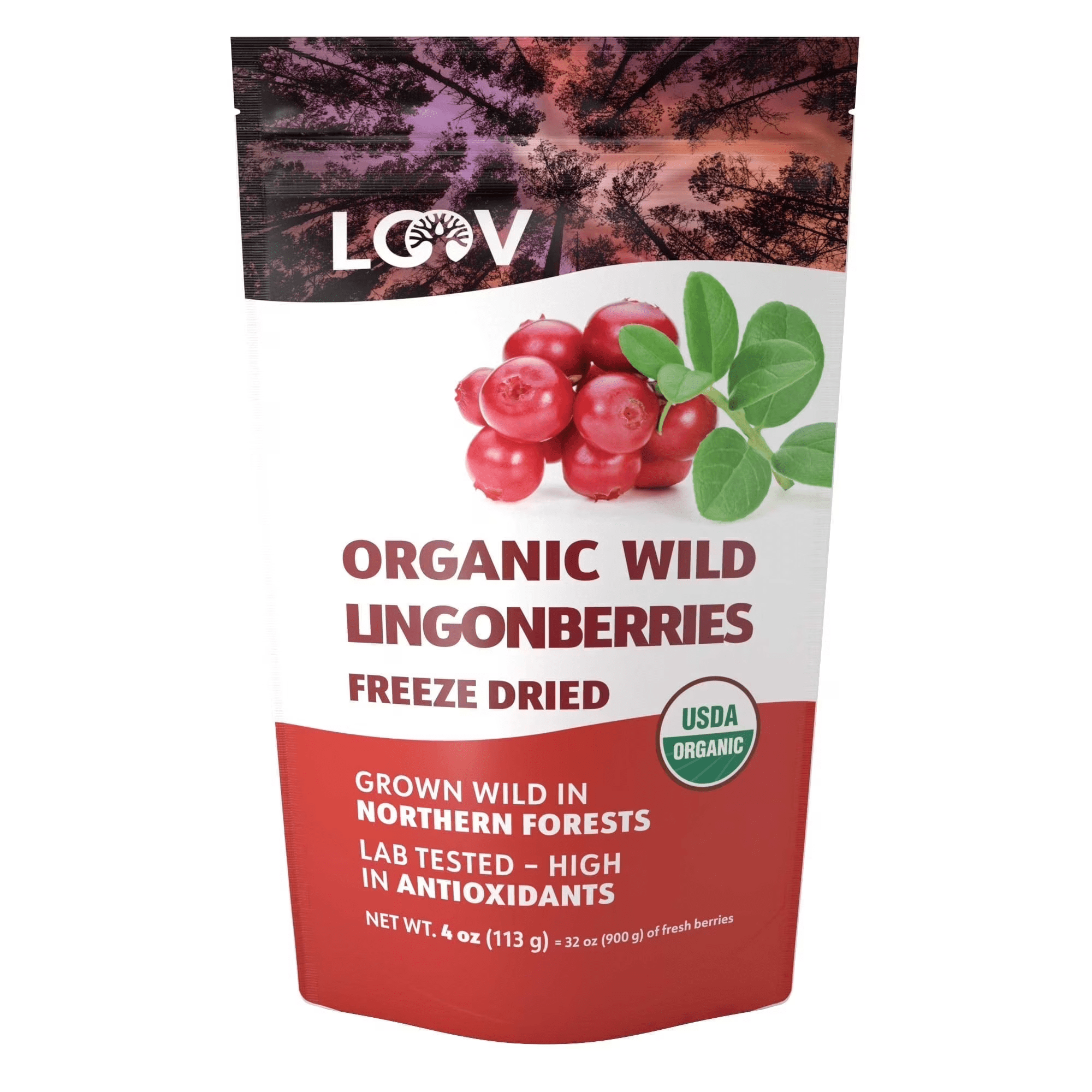 LOOV Freeze Dried Organic Wild Lingonberries, 23-Day Supply, No Sugar Added, Tart Berry Flavor