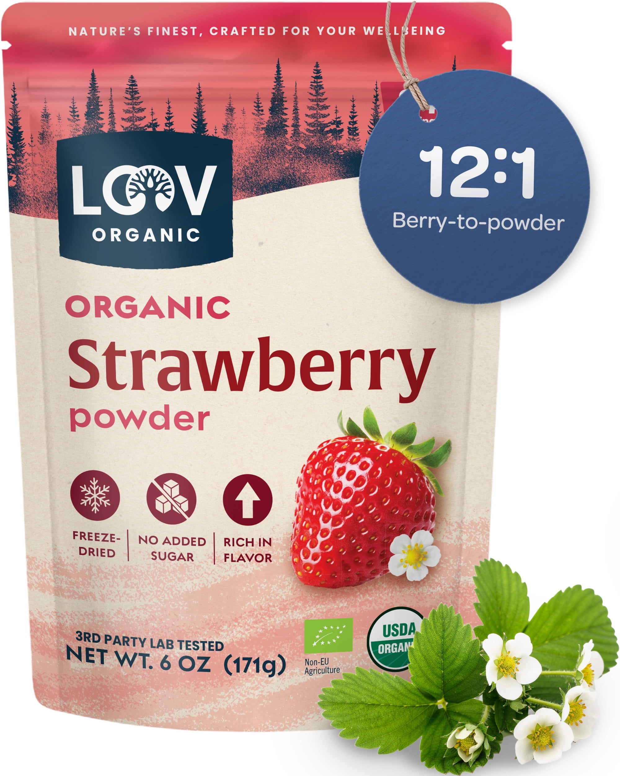 LOOV Organic Strawberry Powder, 171 g (6 oz), Freeze-Dried, No Added Sugar