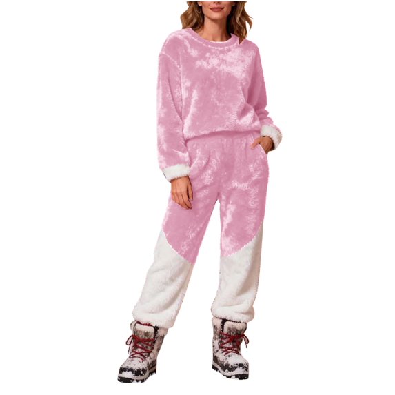 LOPECY-Sta Fluffy Pajamas Set for Women Winter Warm Fleece Pjs Set Pullover Round Neck Top with Pants Fuzzy Lounge Set