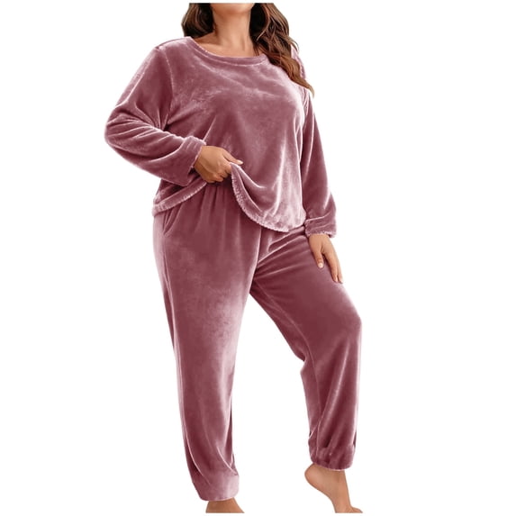 LOPECY-Sta Lounge Set for Plus Women 2 Piece Pajama Sweatsuit Crew Neck Sweatshirt and Sweatpant Fuzzy Lounge Home Wear Set