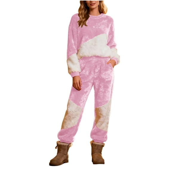LOPECY-Sta Loungewear Sets Women Fleece Home Wear Winter Warm Fleece Pjs Set Pullover Round Neck Top with Pants Fuzzy Lounge Set