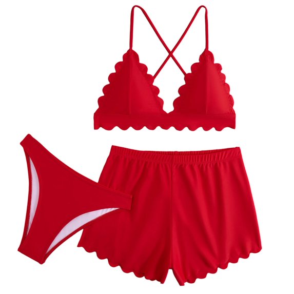 LOPECY-Sta Modest Swimwear for Women Bikini Swimsuit Three-Piece Swimsuit Scalloped V Neck Low Waisted Bathing Suit Beach Shorts