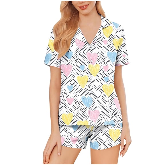 LOPECY-Sta Sleepwear for Women 2 Piece Valentine's Day Soft Button Up Pjs Short Sleeve Top with Shorts Summer Lounge Sets Comfy Sleepwear
