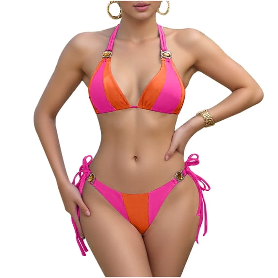 LOPECY-Sta Swimsuits for Curvy Women 2 Piece Bikinis Spaghetti Strap Swimsuits Solid Color Bathing Swimwear Triangle Bathing Suit