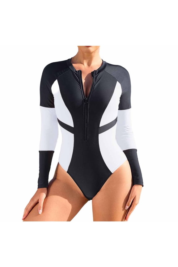 Tummy Control Bathing Suits for Women Long Sleeve Rash Guard Bathing Suit Zip Up One Piece Swimsuits Modest Surfing Swimwear