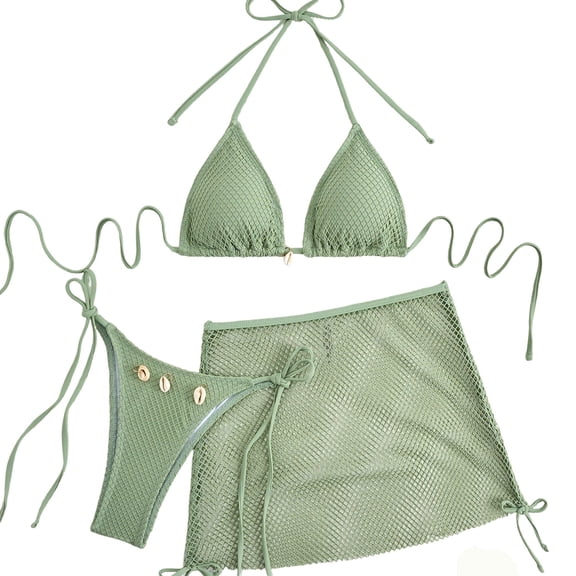 LOPECY-Sta Women's 3 Piece Swimsuit Fishnet Halter Triangle String Bikini Set Bathing Suit with Cover Up Beach Skirt