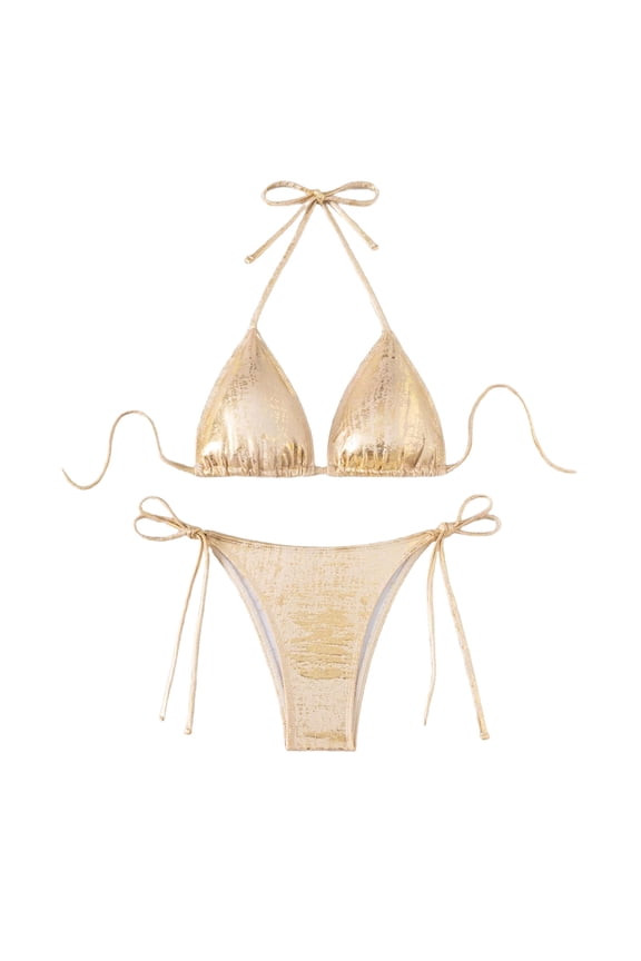 Women's Bikini Set 2-Piece Glitter Metallic Bikini Set Halter Tie Back High Cut 2 Piece Bathing Suit Swimwear Beachwear