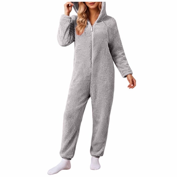 LOPECY-Sta Women's Long Sleeve Hooded Jumpsuit Pajamas Ultra Comfy Lounge Furry Sherpa Romper Onesie Pajamas Cute Hood for Party Wear