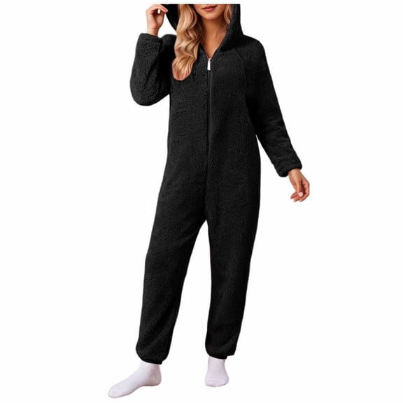 LOPECY-Sta Women's Long Sleeve Hooded Jumpsuit Pajamas Ultra Comfy Lounge Furry Sherpa Romper Onesie Pajamas Cute Hood for Party Wear