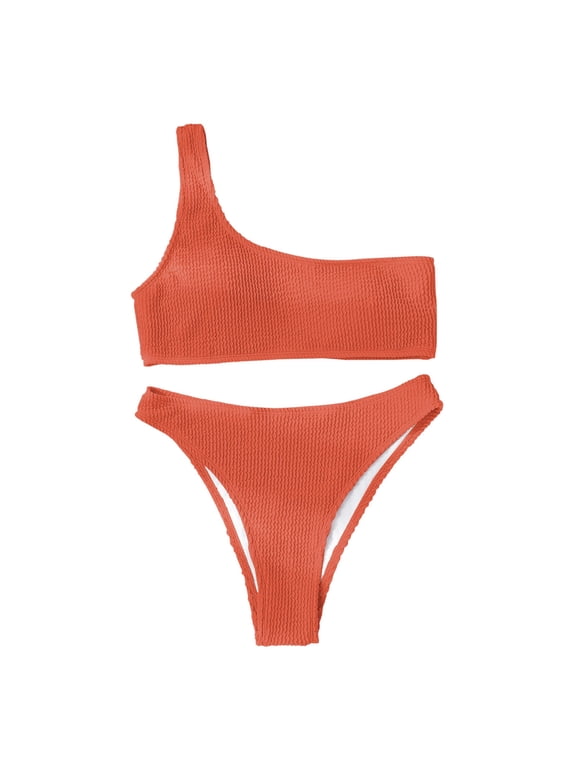 Women's Swimsuit Ribbed Bikini Sets One Shoulder Push-Up Top with Mid Waist Two Piece Bathing Suit Beachwear Set