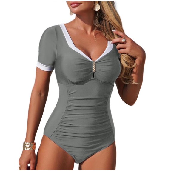 LOPECY-Sta Women's Underwire One Piece Swimsuits Short Sleeve Tummy Control Bathing Suits Push Up Swim Suit Color Block Swimwear