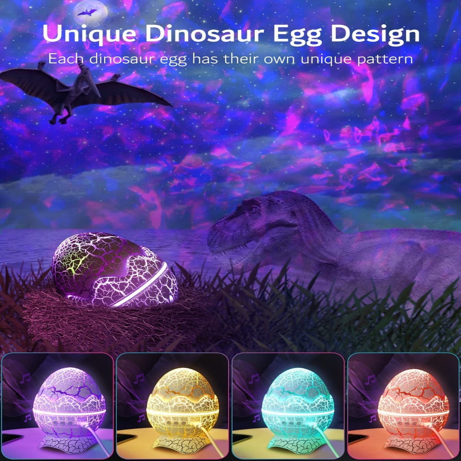 LOPNGLS Star Projector Dinosaur Egg Projector Bedroom Remote Control White Noise Speaker 14 ...
