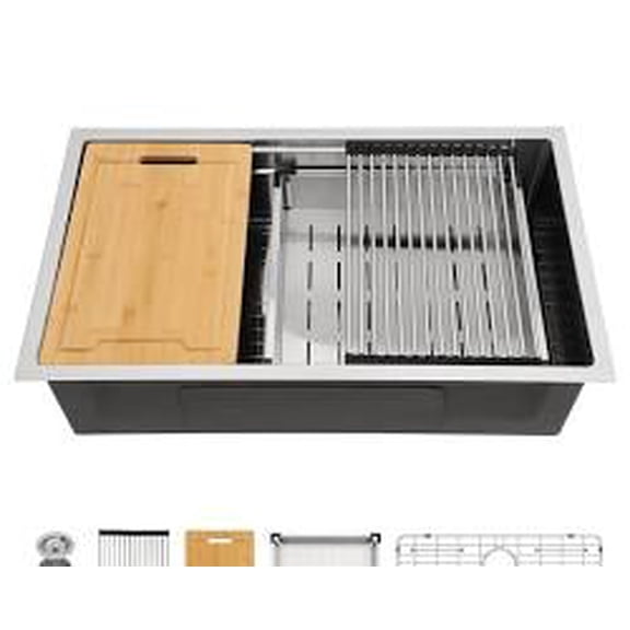 LORDEAR 33 in.Undermount Single Bowl 16-Gauge Stainless Steel Round Corner Workstation Kitchen Sink with Bottom Grid