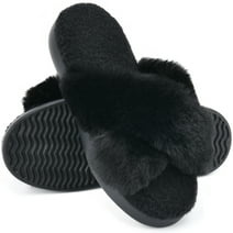 LORDFON Fluffy Open Toe Slippers for Women,Fuzzy Furry Cross Band Memory Foam Bedroom Plush House Womens Slippers