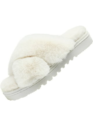 JIASUQI Womens Furry Fur Cross Slippers Memory Foam